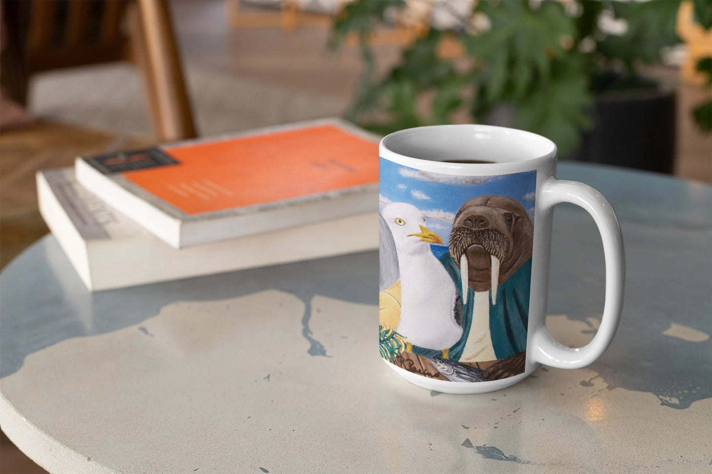 Whimsical Ocean Wildlife Coffee Mug – 15oz Original Art, Pelican, Dolphin & Walrus, Seaside Snacks by Roberta Pacino