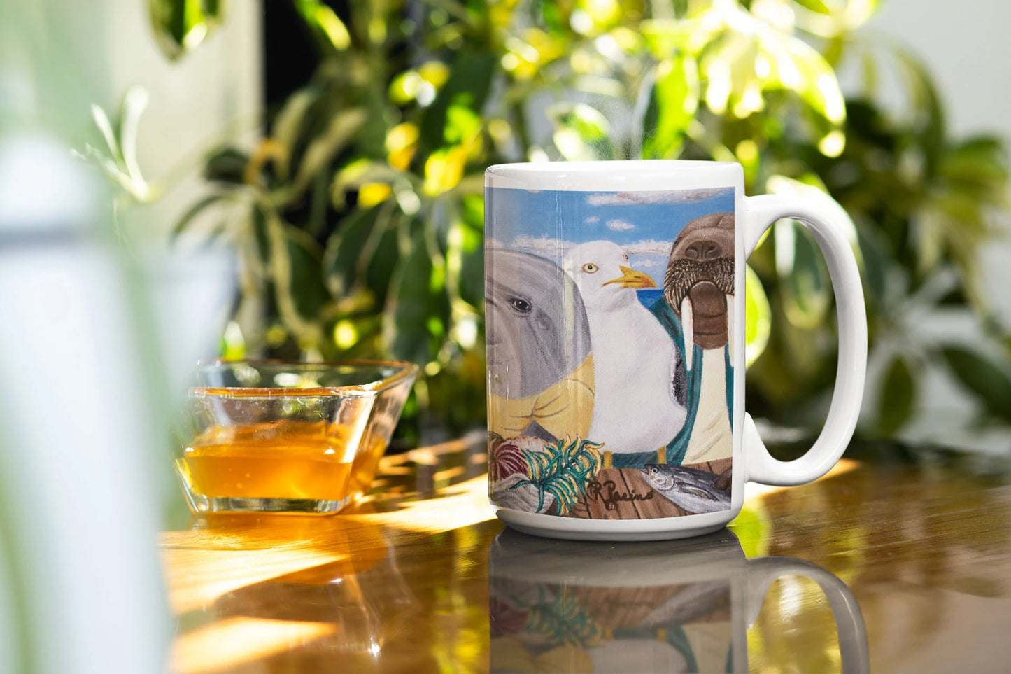 Whimsical Ocean Wildlife Coffee Mug – 15oz Original Art, Pelican, Dolphin & Walrus, Seaside Snacks by Roberta Pacino