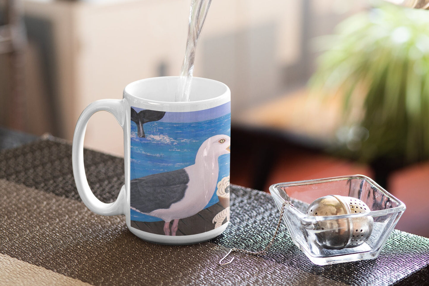 Whimsical Seagull Coffee Mug – 15oz Original Art, Pasta on the Pier by Roberta Pacino