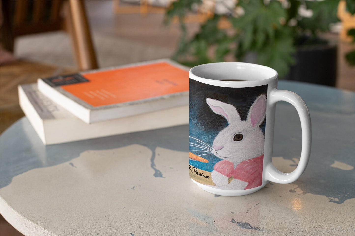 Whimsical Horse & Rabbit Coffee Mug – 15oz Fine Dining Fantasy Art, Single Carrot by Roberta Pacino