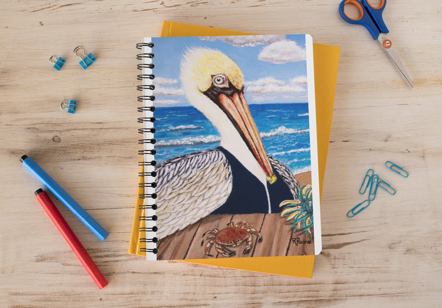 Pelican Notebook – Palermo the Pelican, Coastal Art by Roberta Pacino