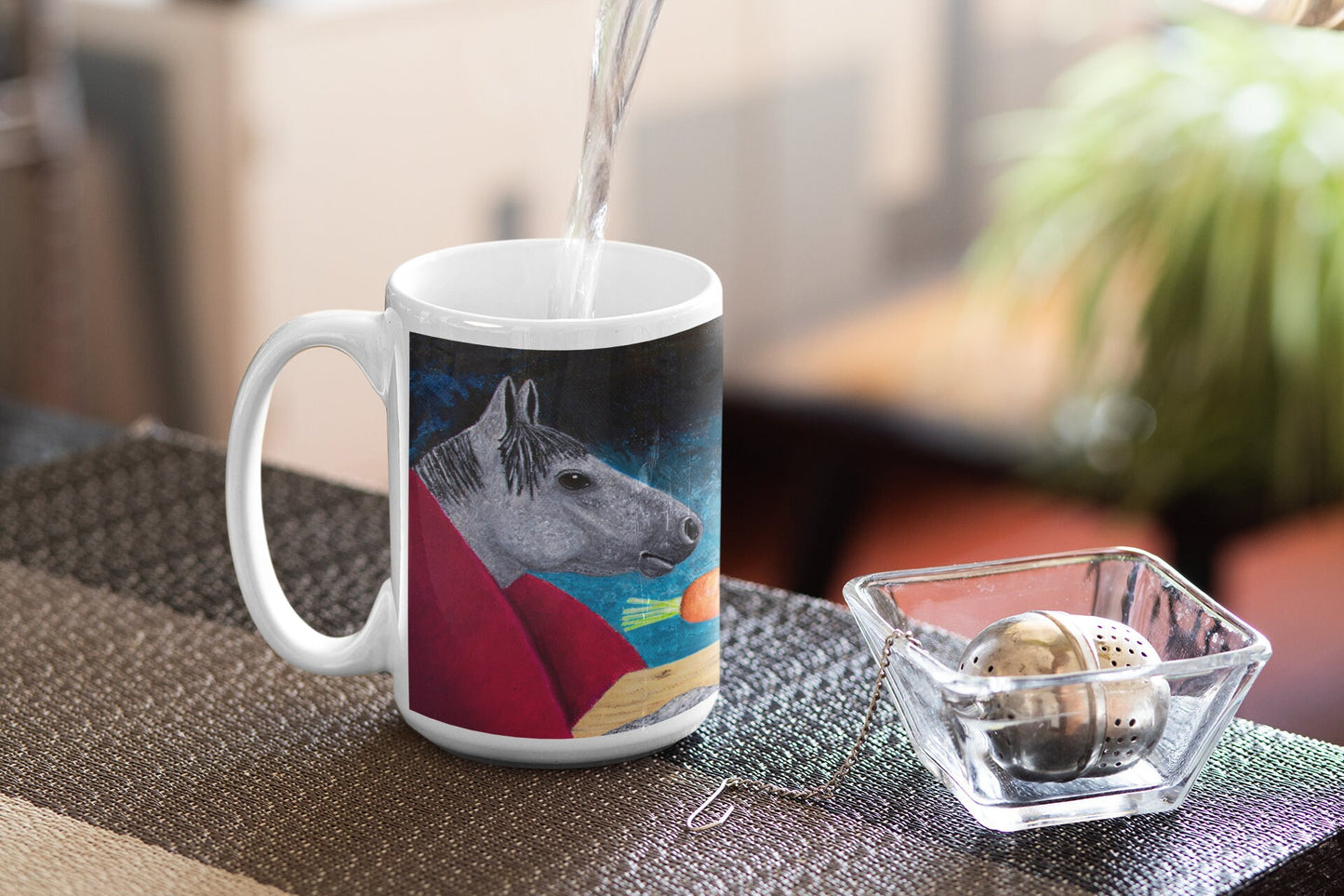 Whimsical Horse & Rabbit Coffee Mug – 15oz Fine Dining Fantasy Art, Single Carrot by Roberta Pacino