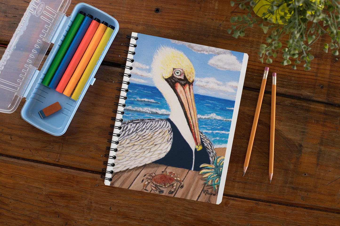 Pelican Notebook – Palermo the Pelican, Coastal Art by Roberta Pacino