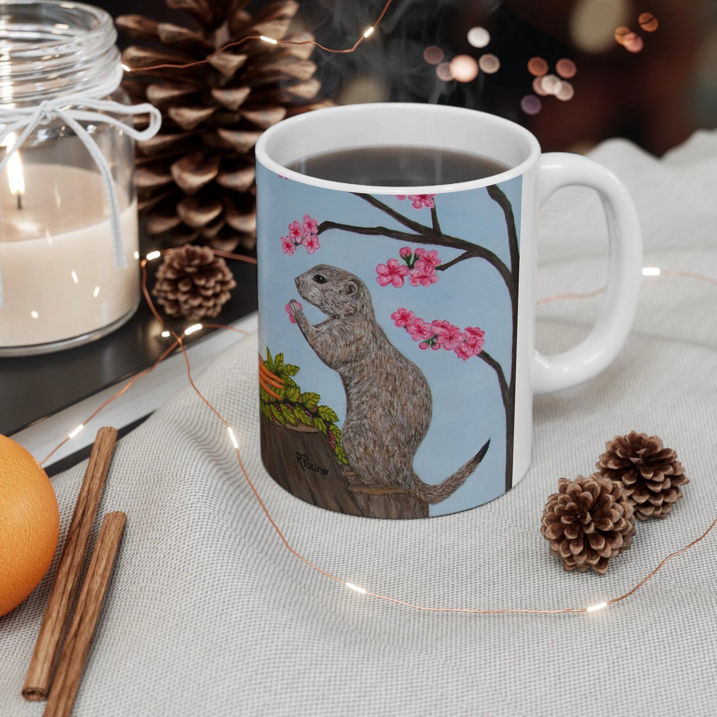 Whimsical Woodland Coffee Mug – 11oz Original Art, Squirrel, Rabbit & Prairie Dog, Garden Gathering by Roberta Pacino