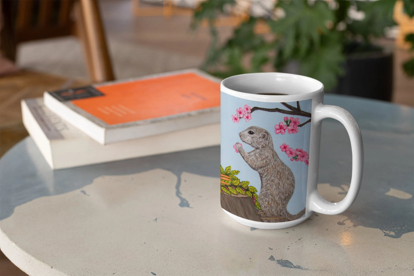 Whimsical Woodland Coffee Mug – 15oz Rabbit, Squirrel & Prairie Dog Art, Garden Gathering by Roberta Pacino