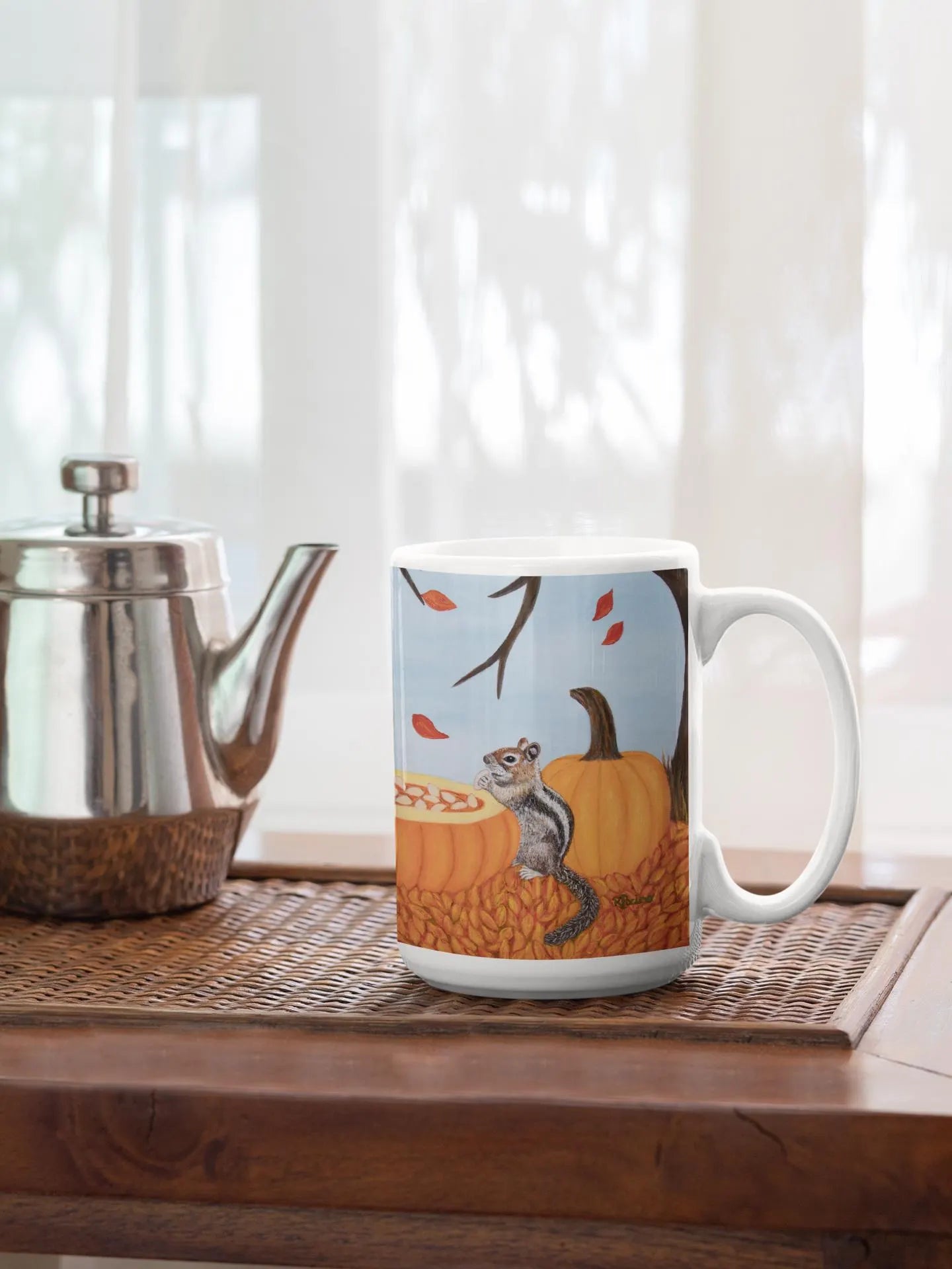 Autumn Chipmunk & Squirrel Coffee Mug – 15oz Whimsical Fall Art, Pumpkin Patch Pals by Roberta Pacino