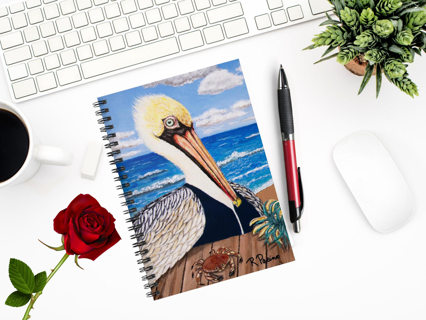 Pelican Notebook – Palermo the Pelican, Coastal Art by Roberta Pacino