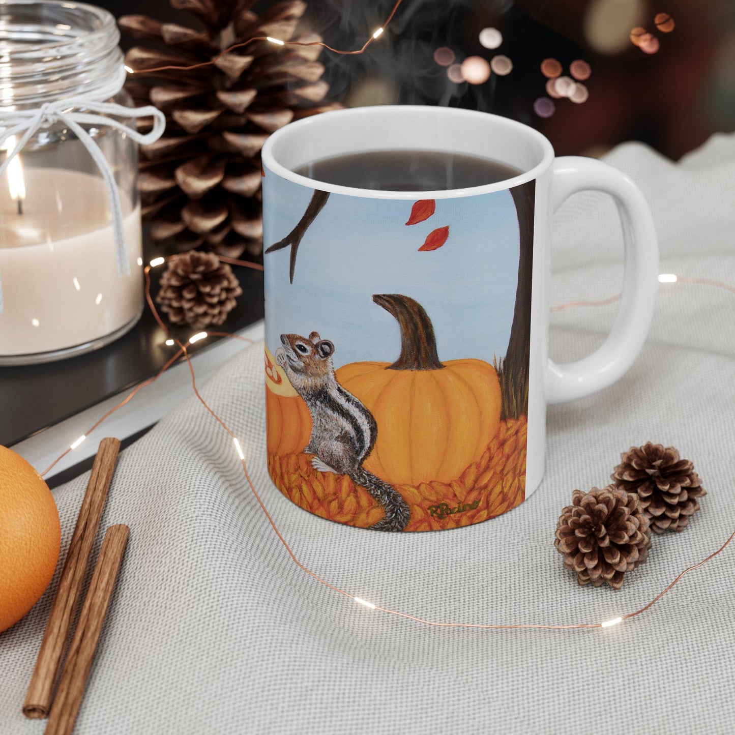 Autumn Chipmunk & Squirrel Mug – 11oz Pumpkin Patch Pals Coffee Cup, Art by Roberta Pacino