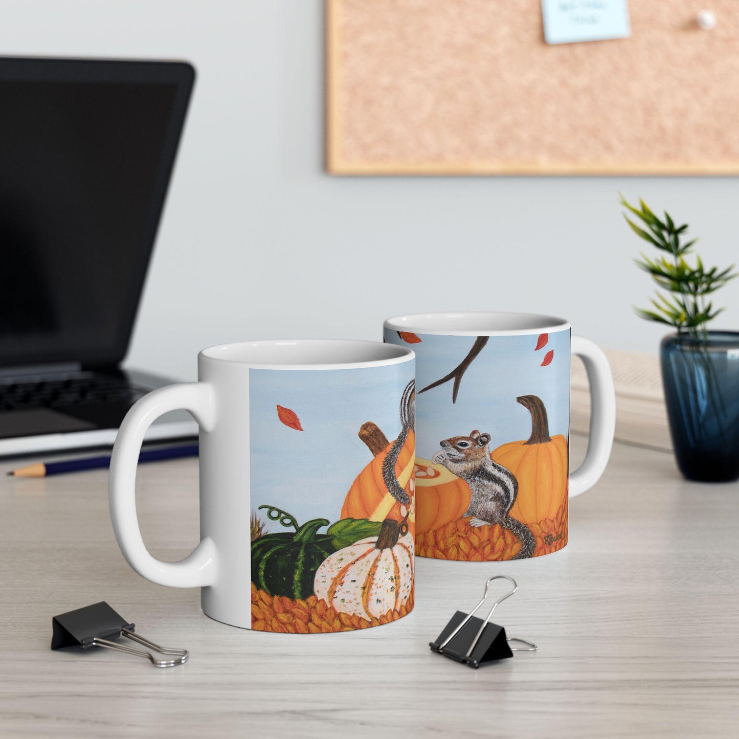 Autumn Chipmunk & Squirrel Mug – 11oz Pumpkin Patch Pals Coffee Cup, Art by Roberta Pacino