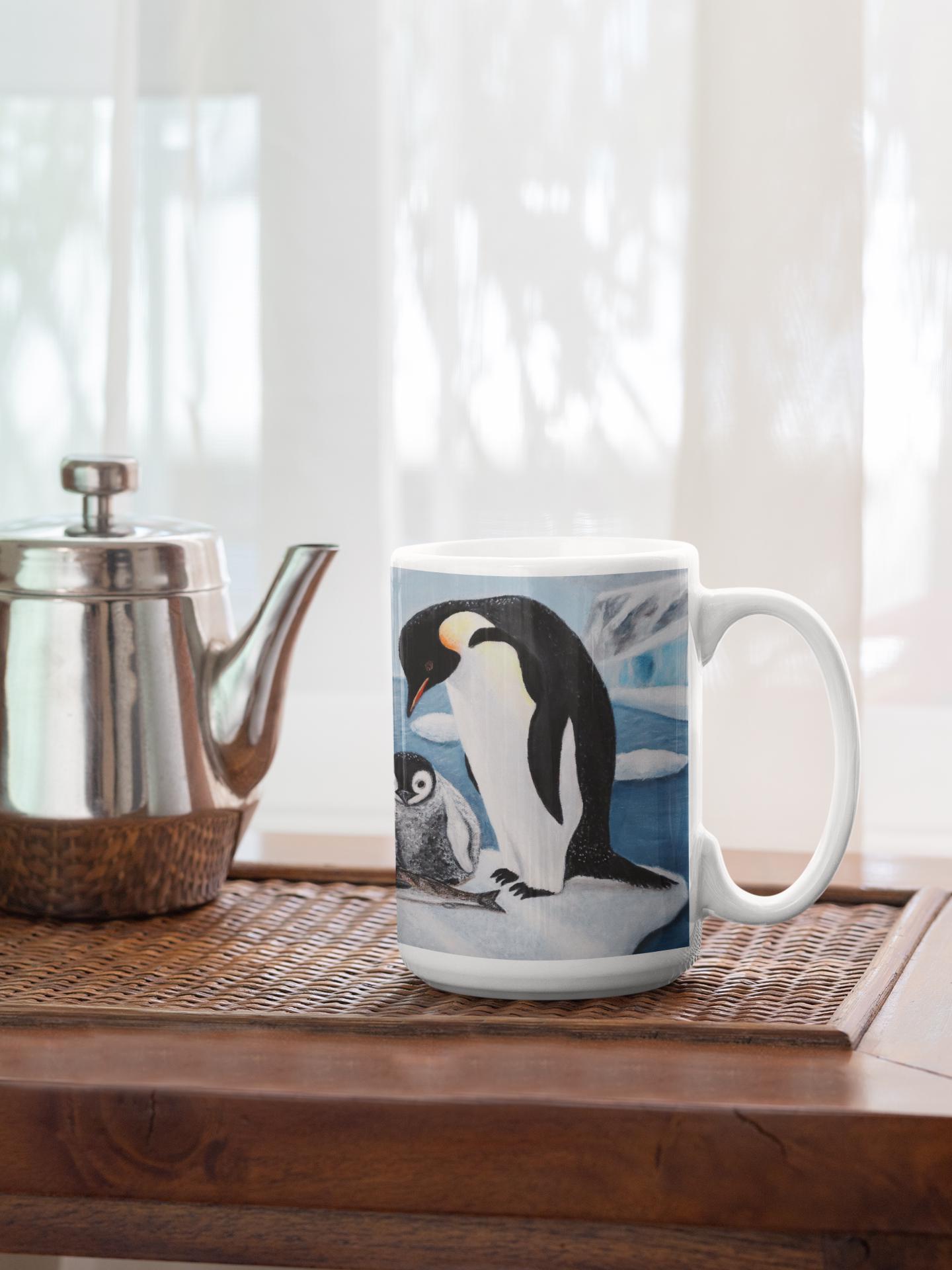 Whimsical Penguin Coffee Mug – 15oz Original Art, Antarctic Wildlife Scene, Icy Love by Roberta Pacino