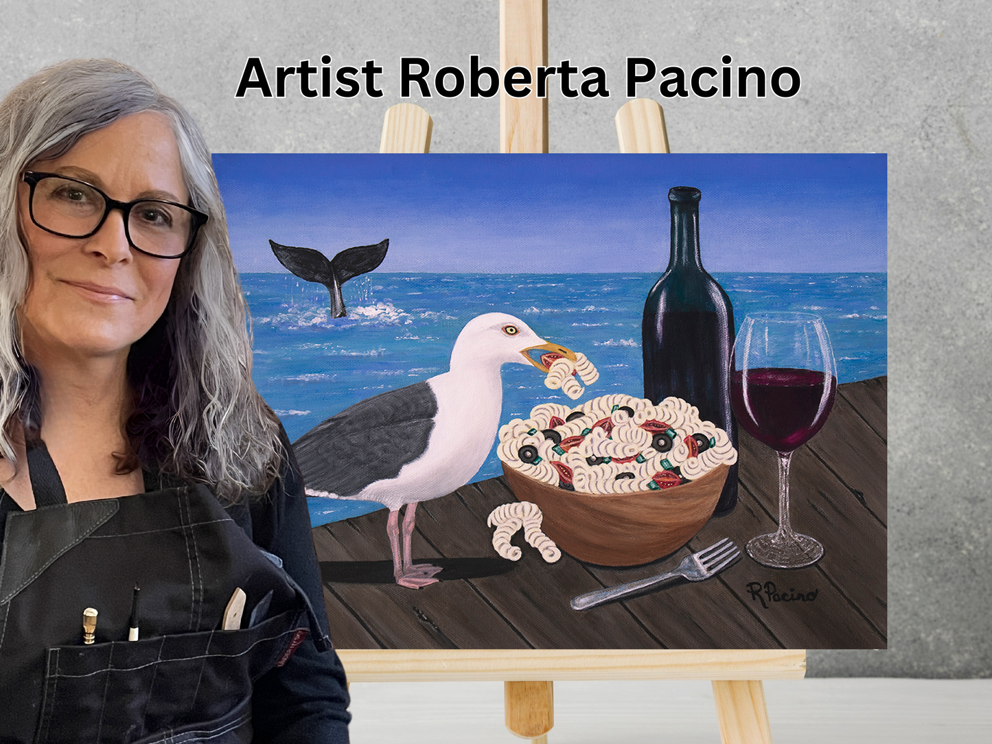 Whimsical Seagull Coffee Mug – 15oz Original Art, Pasta on the Pier by Roberta Pacino