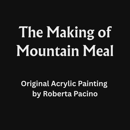 Roberta Pacino painting the animals and mountain landscape in Mountain Meal, an original hand-painted acrylic artwork on canvas.
