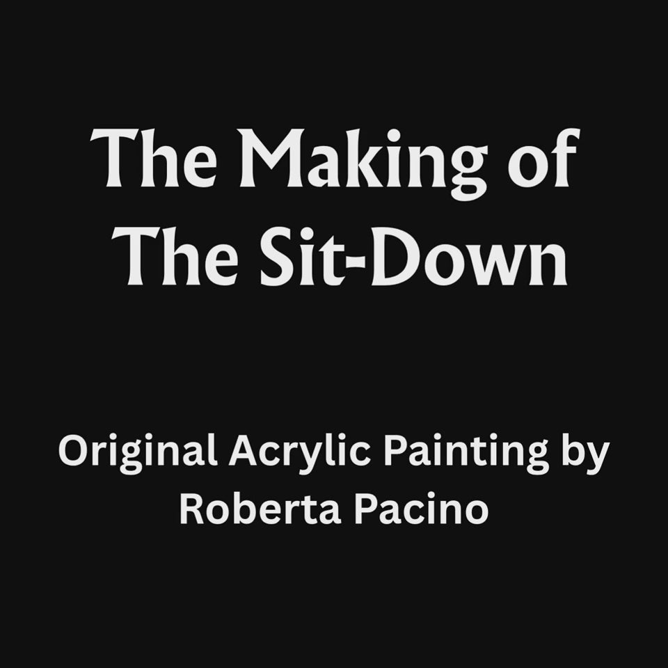 Roberta Pacino painting The Sit-Down, an original hand-painted acrylic painting featuring a lion and tiger.