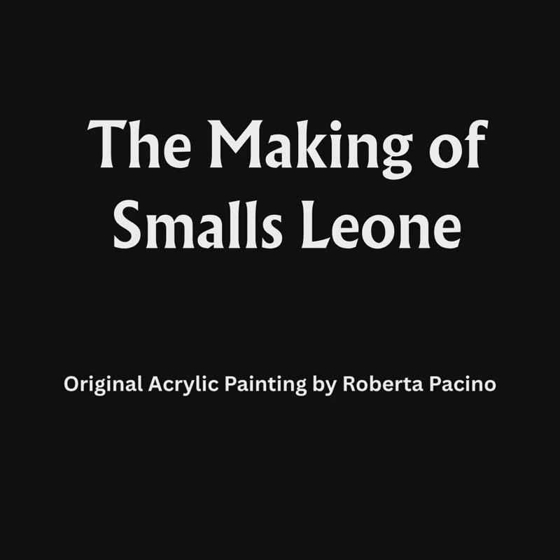 Roberta Pacino painting Smalls Leone, an anthropomorphic lion portrait created in acrylic on canvas
