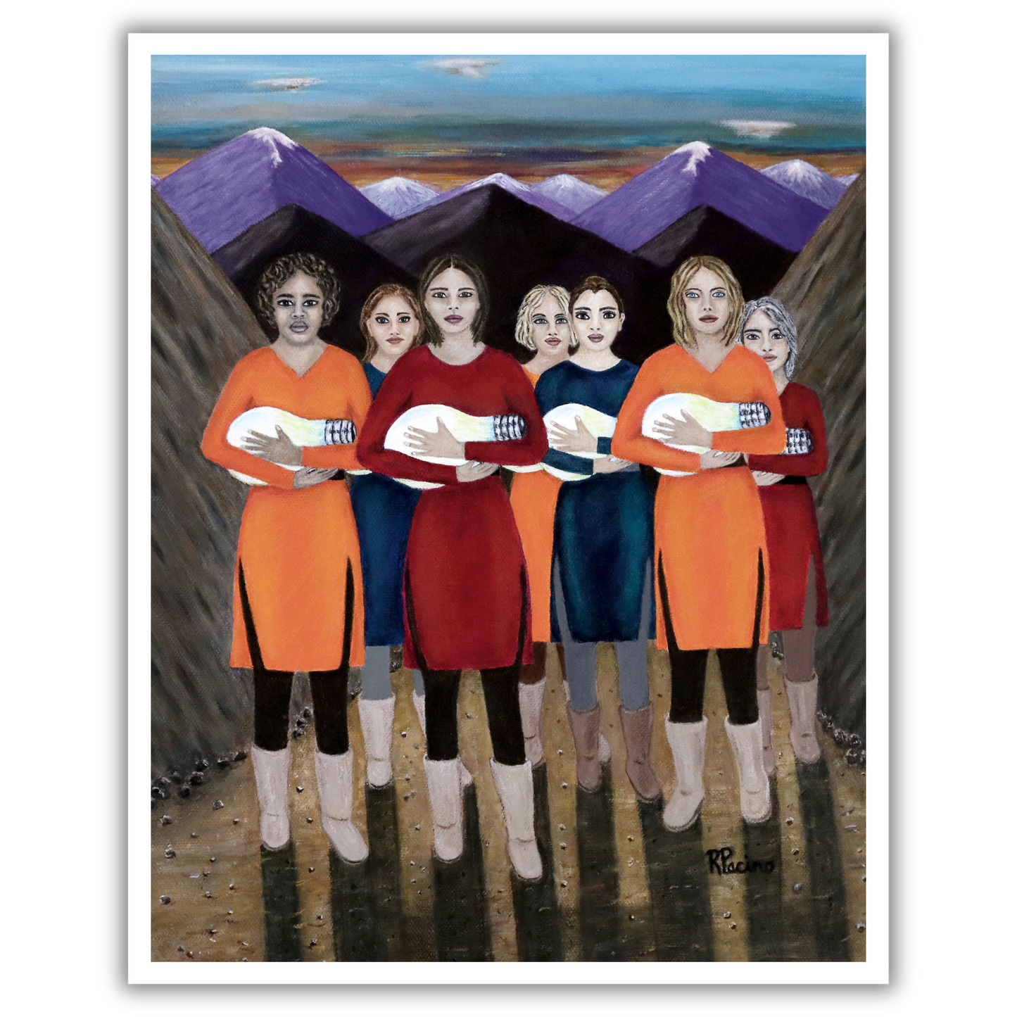 A print of Roberta Pacino's painting of seven women holding lightbulbs in their hands with a scenic background