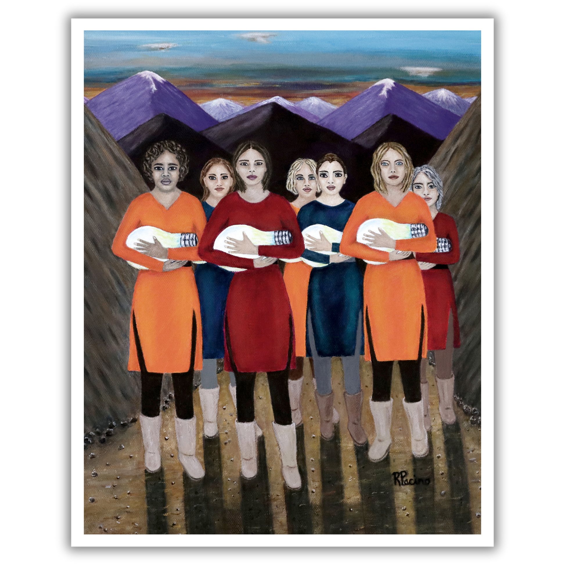 A print of Roberta Pacino's painting of seven women holding lightbulbs in their hands with a scenic background