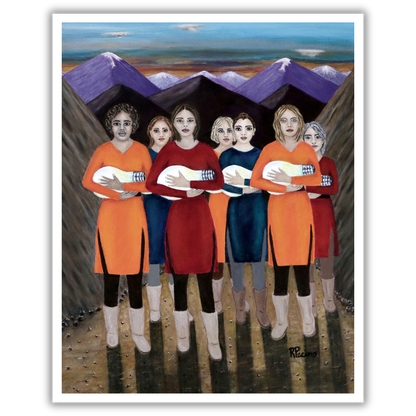 A print of Roberta Pacino's painting of seven women holding lightbulbs in their hands with a scenic background